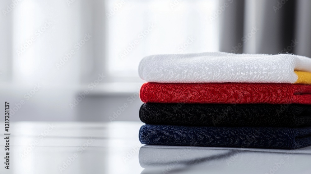 Stack of folded towels on a white surface. the towels are neatly folded and stacked on top of each other.