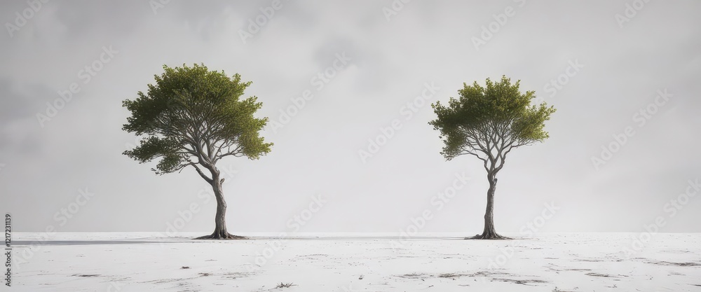 Fototapeta premium A solitary tree standing upright in a vast, empty space against a stark white backdrop , forest, tree