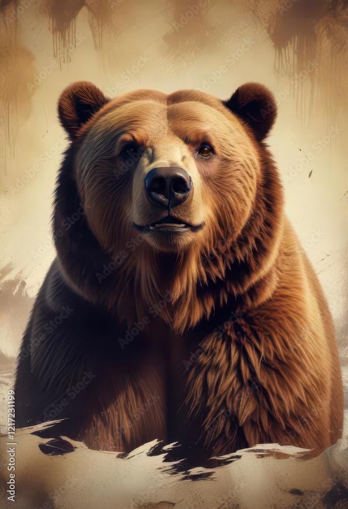 Obraz premium Brown bear in a distressed, retro-style artwork, cabin, brown, hunter
