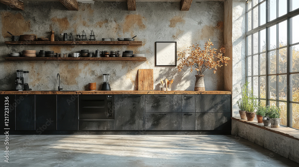 Obraz premium Industrial Chic Kitchen: A sun-drenched industrial-style kitchen boasts rustic wooden shelves, dark cabinetry, and a large window overlooking a vibrant green landscape.
