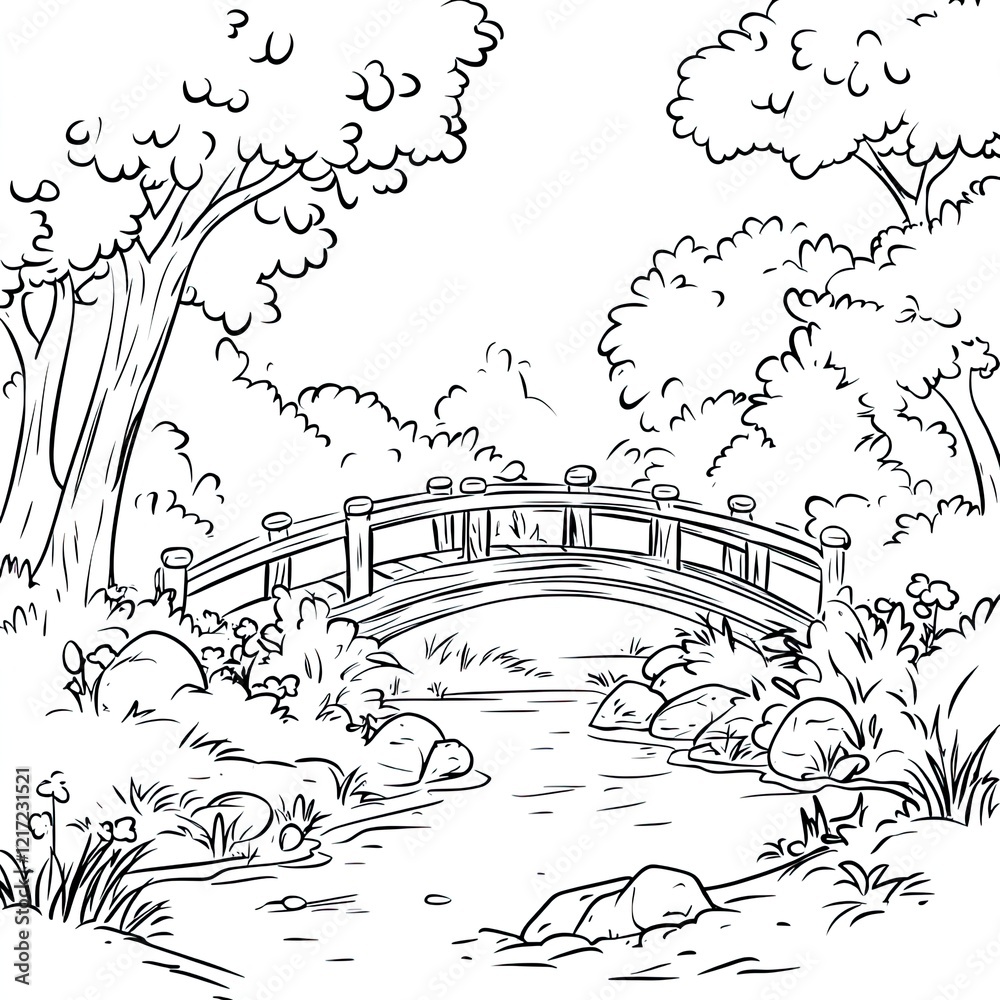 Obraz premium Simple Bridge River Coloring Book Easy Landscape Illustration for Creative Relaxation