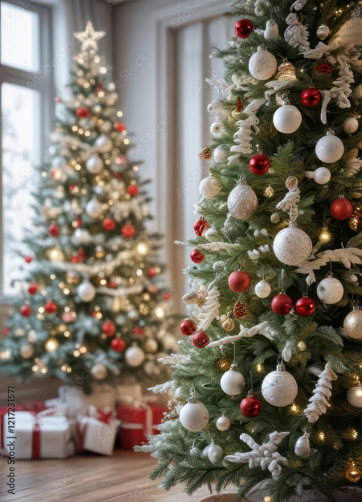 Fototapeta premium A White Fir Tree Adorned with Festive Decorations and Sparkling Ornaments, festive atmosphere, garlands