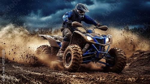 Adventurous person navigating muddy terrain on an ATV.