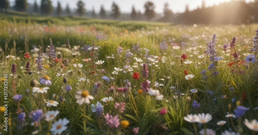Fototapeta premium Blooming wildflowers in a meadow with gentle breeze, green, wildflowers
