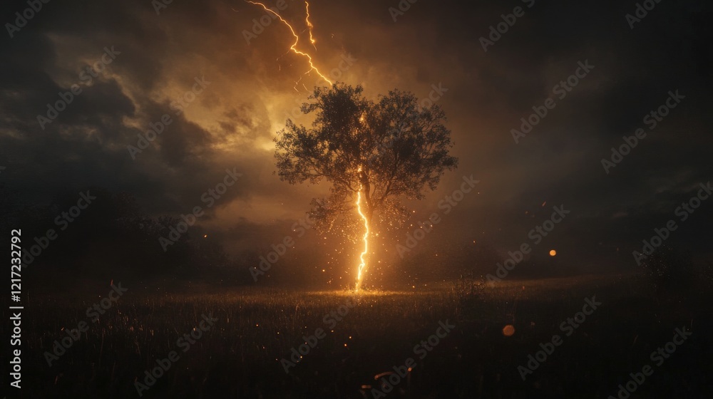 A lightning bolt striking a tall tree in the middle of a field, illuminating the dark sky and creating a dramatic, powerful scene of nature's fury A lightning bolt striking a tall tree in the middle of a field, illuminating the dark sky and creating a dramatic, powerful scene of nature's fury