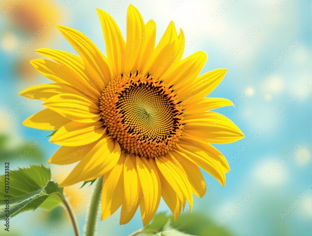 Obraz premium Sunflower Bloom - A vibrant sunflower with bright yellow petals and a dark center, set against a soft, blurred background of blue sky and greenery.