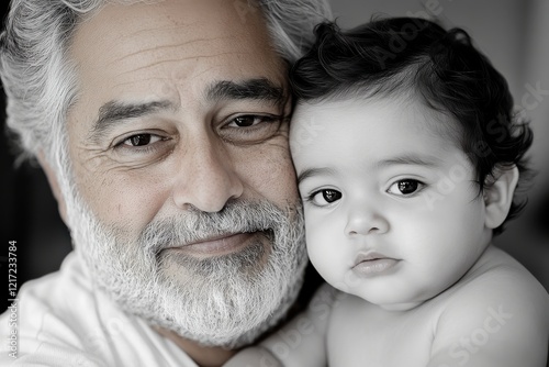 A heartwarming image of an elderly man cradling a baby, symbolizing unconditional love and the strong familial bonds that highlight the joy of shared moments. photo