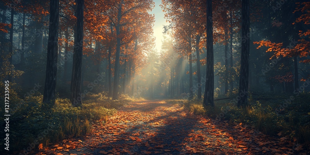 Autumn path, sunlit forest, misty morning, fall leaves Autumn path, sunlit forest, misty morning, fall leaves