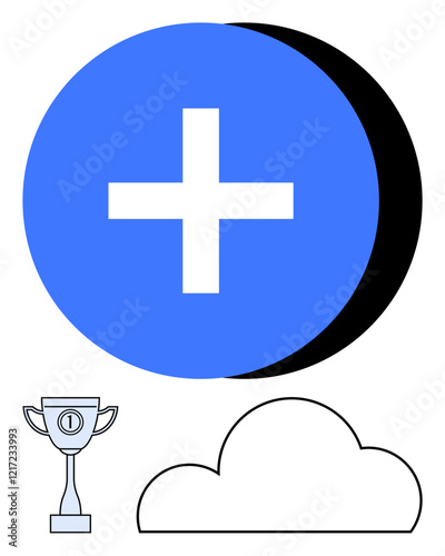 Blue circle with white plus sign in the center, dark shadow, trophy cup marked and simple cloud icon. Ideal for motivation, success, growth, positivity, medical, technology and innovation themes