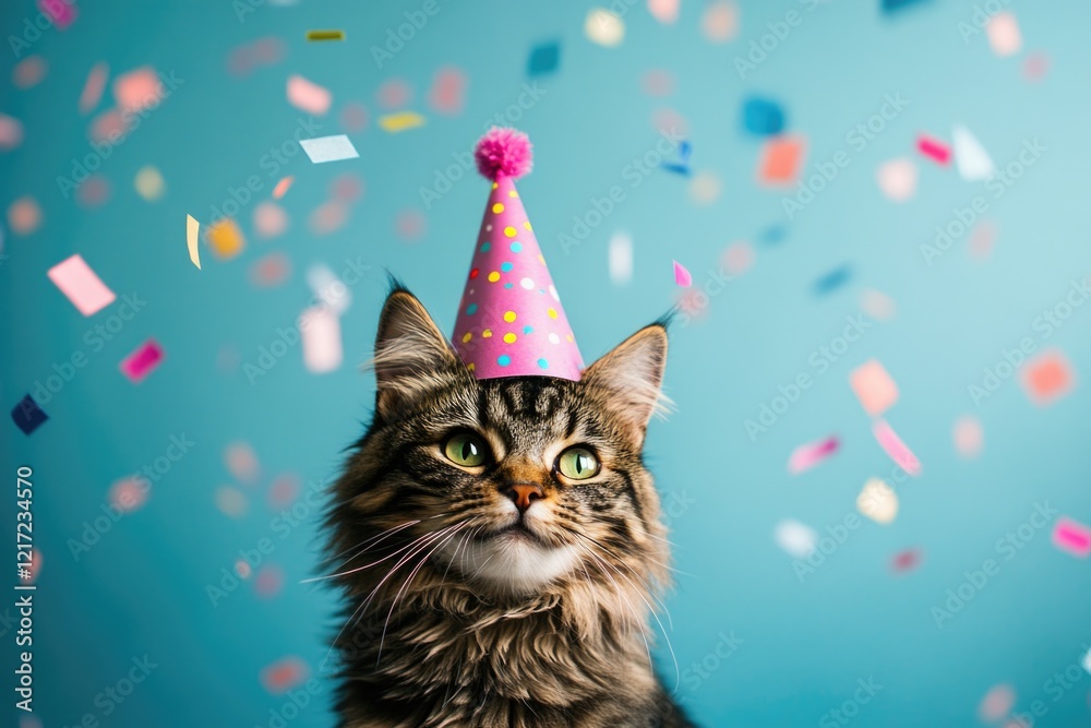 Cat with Party Hat and Confetti Cat with Party Hat and Confetti