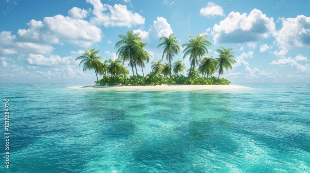 The image depicts a serene tropical island surrounded by crystal clear... The image depicts a serene tropical island surrounded by crystal clear...