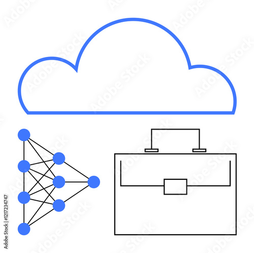 Cloud with neural network connections and briefcase visualizing business, AI, networking, and digital innovation. Ideal for tech, AI strategy, data science, cloud services, business computing