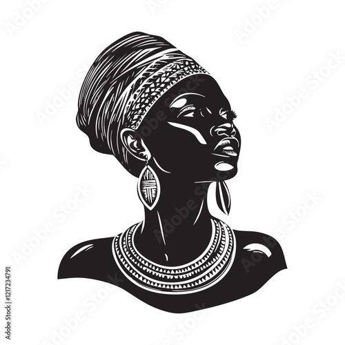 Elegant Black woman in traditional attire with striking accessories and a graceful pose.