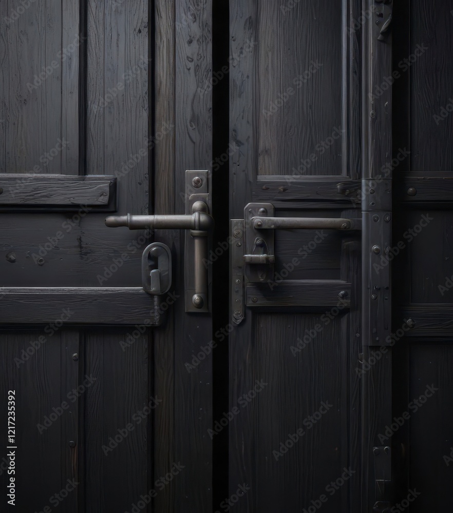 Close-up of a dark wooden door with a subtle metal hinges and lock, rustic black wood door, rustic, black wood Close-up of a dark wooden door with a subtle metal hinges and lock, rustic black wood door, rustic, black wood