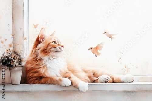 A serene watercolor depiction of a cat lying on a windowsill, staring blankly outside as birds flit around in the distance, painted in muted and earthy tones