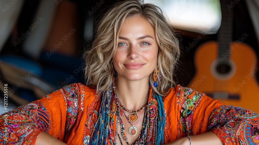 Brightly dressed woman smiles while relaxing indoors surrounded by musical instruments and bohemian decor Brightly dressed woman smiles while relaxing indoors surrounded by musical instruments and bohemian decor