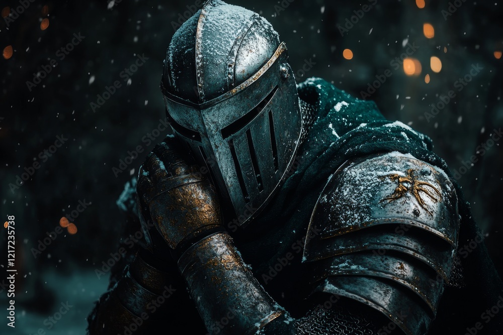 Fototapeta premium A shadowy scene of a knight removing their helmet after surviving a harrowing battle, their expression a mix of exhaustion and relief as moonlight shines on their armor