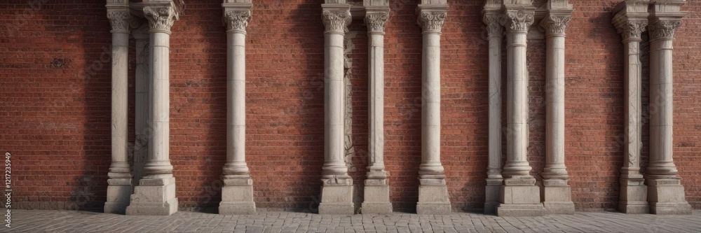 Classic red brick wall with ornate details and stone columns, classic, vintage Classic red brick wall with ornate details and stone columns, classic, vintage