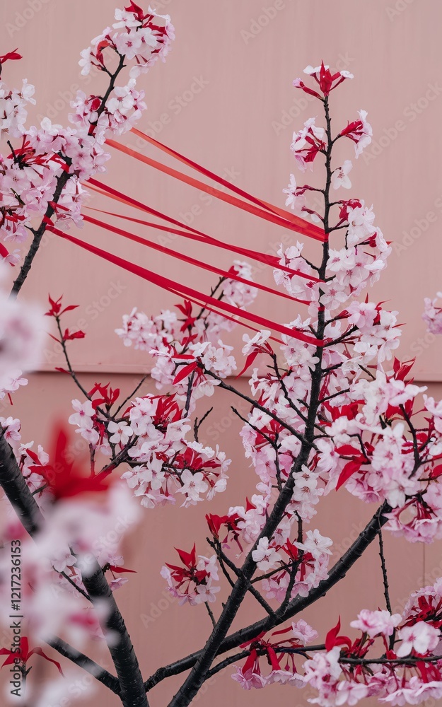 Pink blossoms and red ribbons against a pink wall. Pink blossoms and red ribbons against a pink wall.