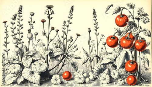 Vintage Forage plants or own grown Vegetables for a healthy food and lifestyle / Antique engraved illustration from from La Rousse XX Sciele, pop art, with white tones photo