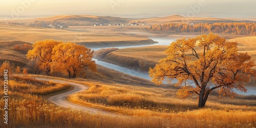 Autumn valley road, winding river, golden trees. Peaceful landscape