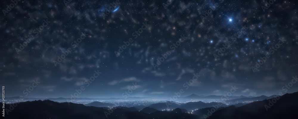 Fototapeta premium Dark blue night sky with twinkling stars and glittery bokeh, bokeh, glitter, night sky