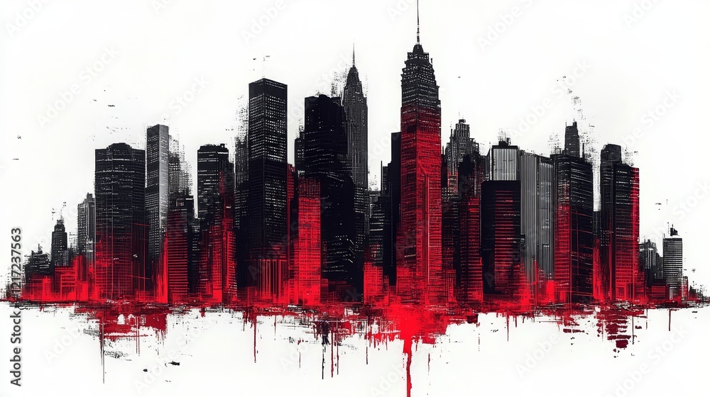 Fototapeta premium Stylized cityscape silhouette in black and red, with a splatter effect at the base