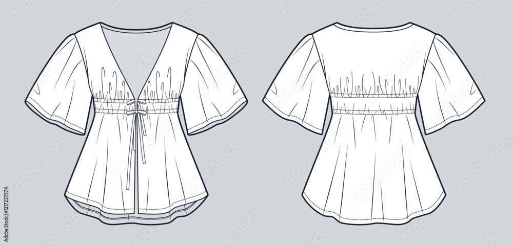 Puff Sleeve Blouse with Ties technical fashion Illustration. Tunic Blouse fashion flat technical drawing template, draped, v neck, loose fit, front and back view, white, women Top CAD mockup.