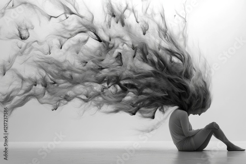 A simple representation of a person curled into a fetal position, with abstract shapes above them symbolizing intrusive thoughts, all in soft grays on a white background photo