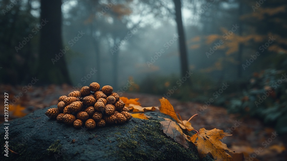 Autumnal forest path, pine cones on rock Autumnal forest path, pine cones on rock