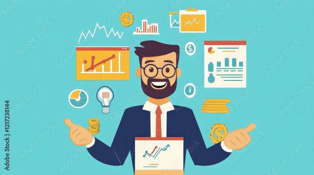 A marketer presenting an strategy with financial growth symbols. A marketer presenting an strategy with financial growth symbols.