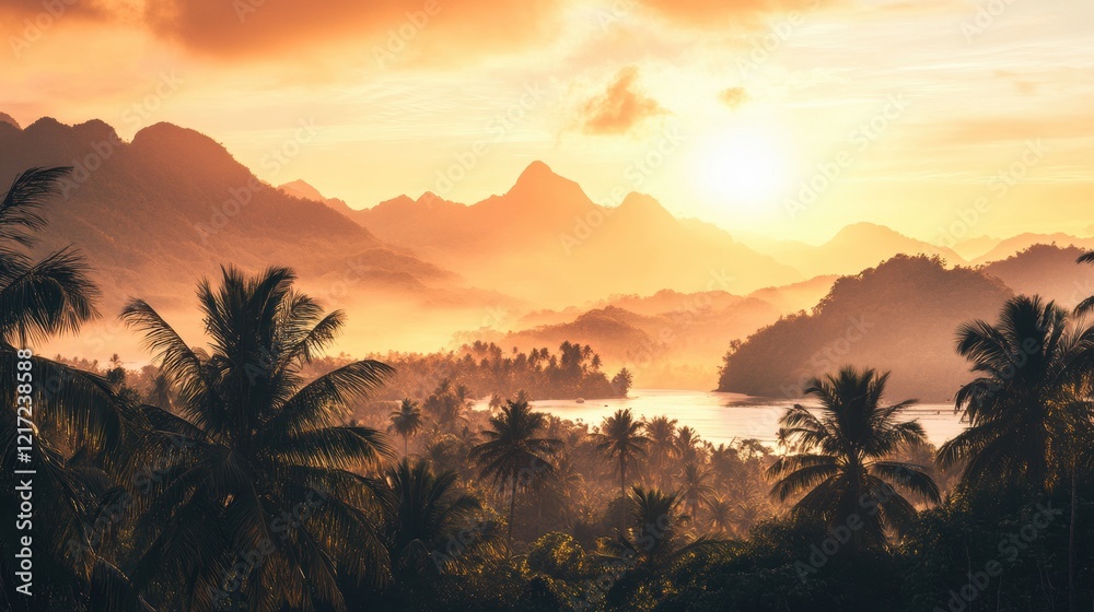 A tropical sunset over a lush landscape. A tropical sunset over a lush landscape.