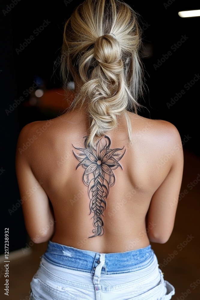 Naklejka premium Detailed floral tattoo design on woman's back displayed in an artistic setting with soft lighting and a casual vibe