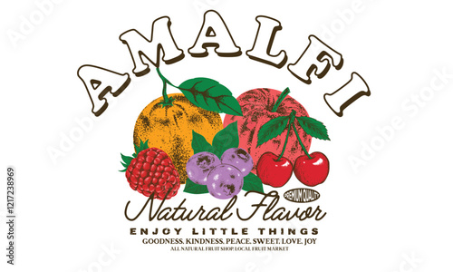 Amalfi fruit artwork. Fresh rush berry, blue berry, cherry orange and apple fruit print. Fresh food artwork for for t shirt. Nature watercolor design. Hand sketch artwork.