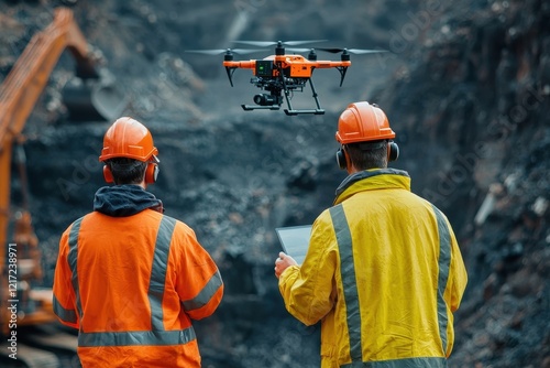 Drone Inspection at Construction Site with Workers in Safety Gear photo