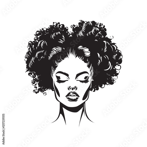 Stylish African American woman with voluminous curly hairstyle.