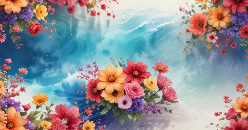 Obraz premium Colorful watercolor waves with vibrant flowers, abstract art, brochure cover