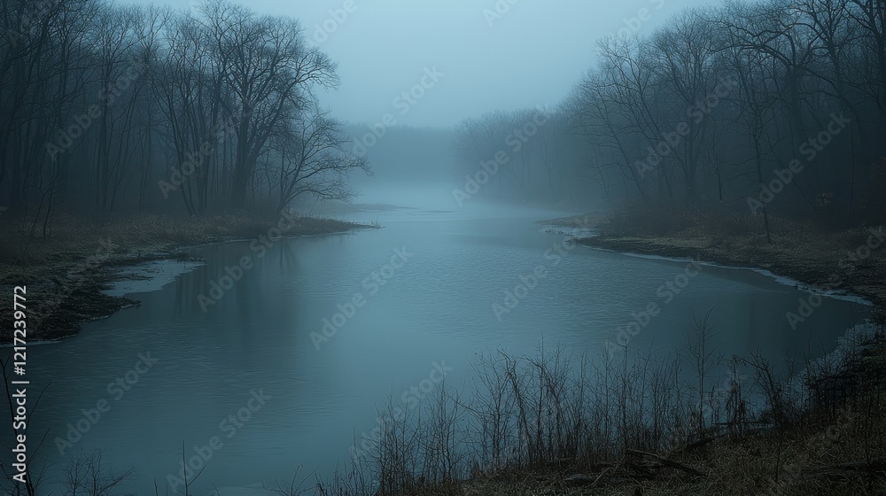 Fototapeta premium An eerie scene of lifeless trees, devoid of leaves, sinking into the tranquil waters