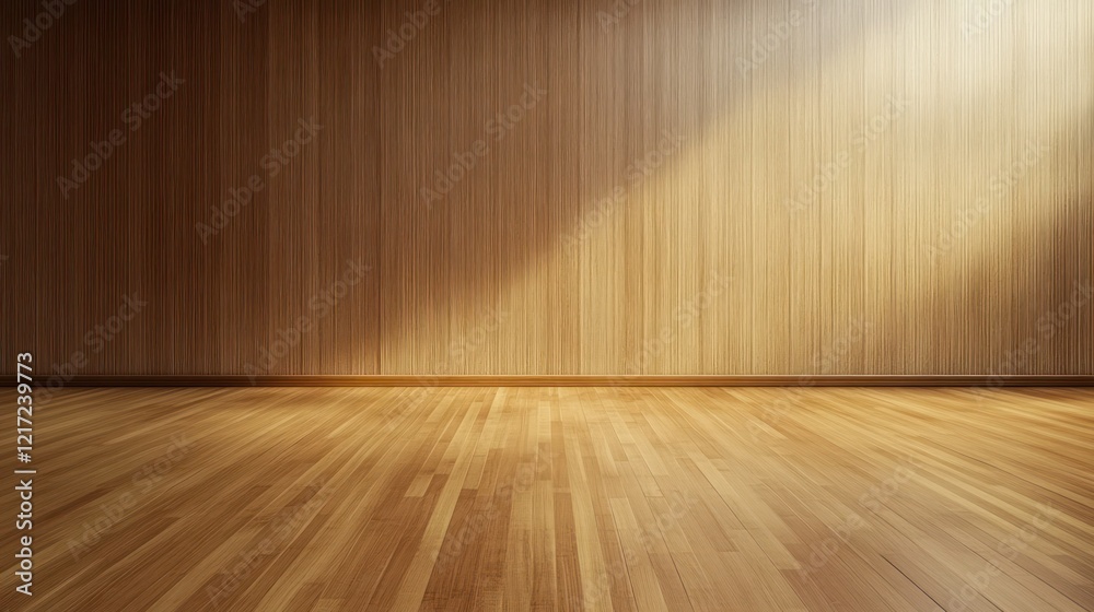 Sunlit wooden room interior with wall and floor. Sunlit wooden room interior with wall and floor.