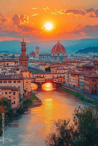 A sunset aerial shot of Florence featuring the Ponte Vecchio and the Arno river, in Tuscany, Italy