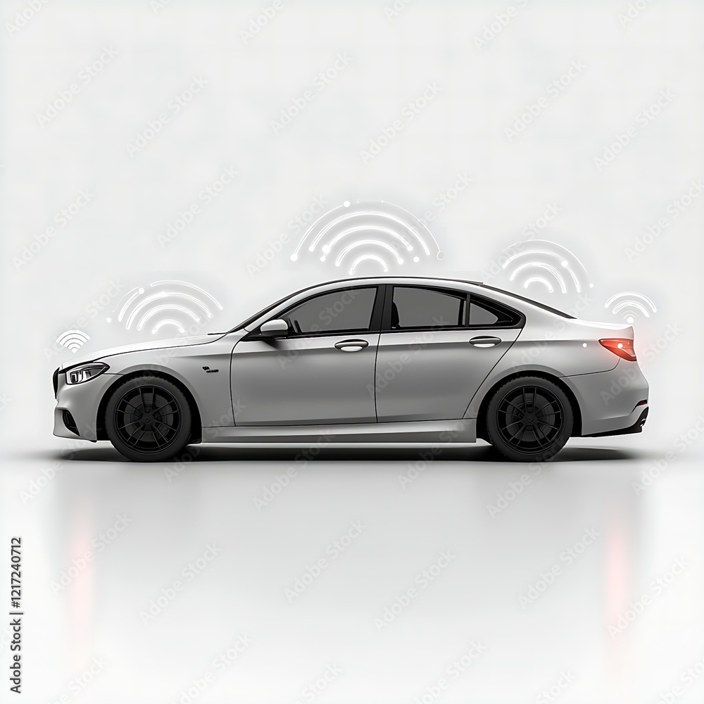 Minimalist Car Icon with Wireless Signals in Futuristic IoT Style