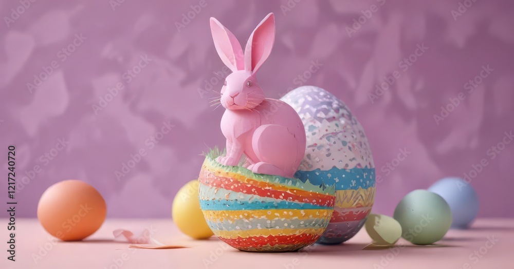Colorful paper cut rabbit sitting on Easter egg , flower, decoration, grass Colorful paper cut rabbit sitting on Easter egg , flower, decoration, grass