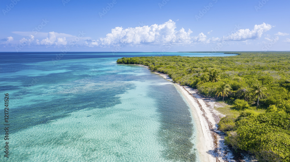 Aerial view of tropical coastline with clear turquoise water, lush greenery, and sandy beach. serene landscape evokes tranquility and beauty Aerial view of tropical coastline with clear turquoise water, lush greenery, and sandy beach. serene landscape evokes tranquility and beauty