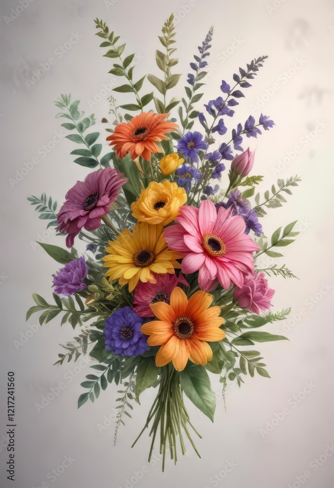 Obraz premium Colorful watercolor flowers arranged in a loose, organic bouquet with some greenery , bouquet, fall colors, leafy greens