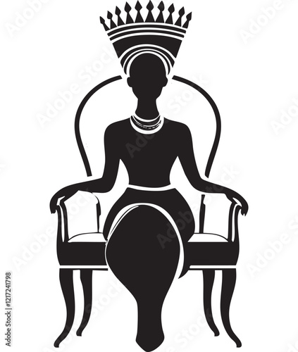 Elegant silhouette of a woman seated on a regal chair with a crown.