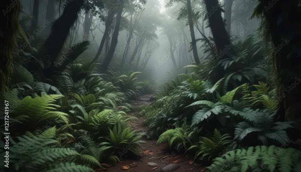 Naklejka premium Dark forest floor covered in thick exotic leaves and ferns, exotic leaves, dense foliage