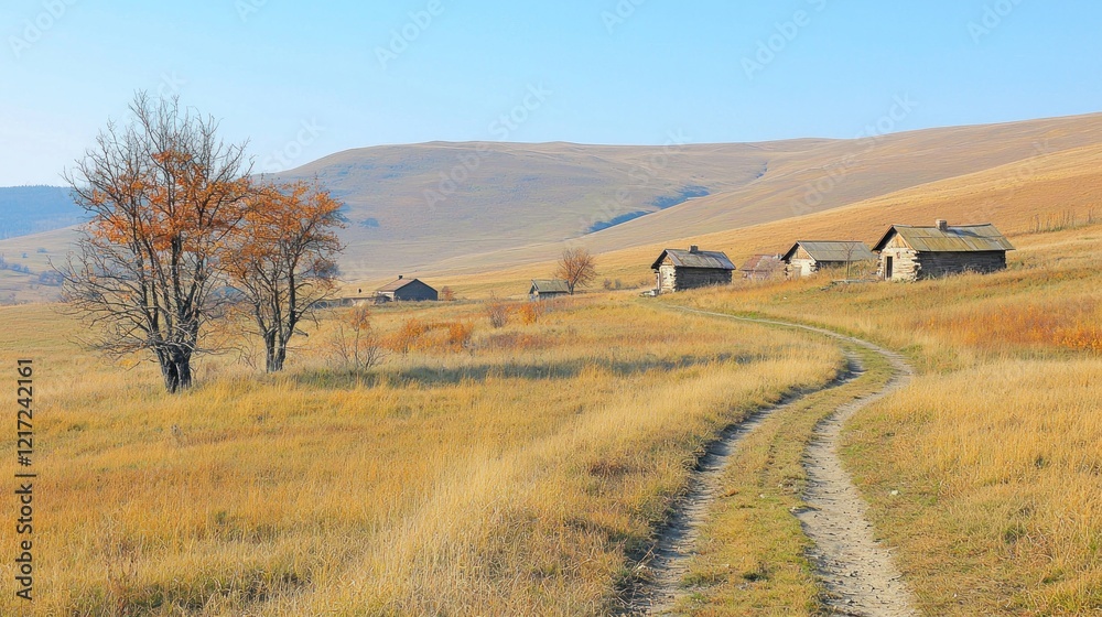 Obraz premium Autumnal hillside village road, rural houses, golden fields, clear sky, travel