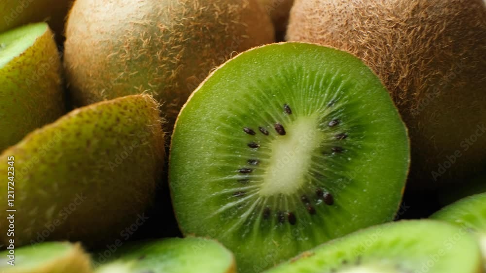 Fresh kiwi fruit, many whole and sliced kiwi