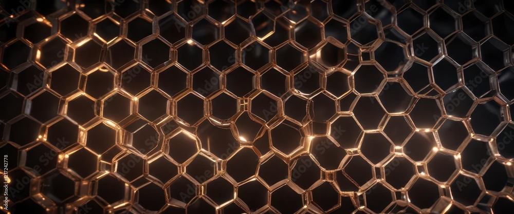 Dense hexagonal metal mesh with light emanating from within, illumination, abstract, hexagonal Dense hexagonal metal mesh with light emanating from within, illumination, abstract, hexagonal