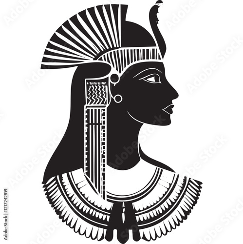 Stylized black and white illustration of an ancient Egyptian queen's profile.